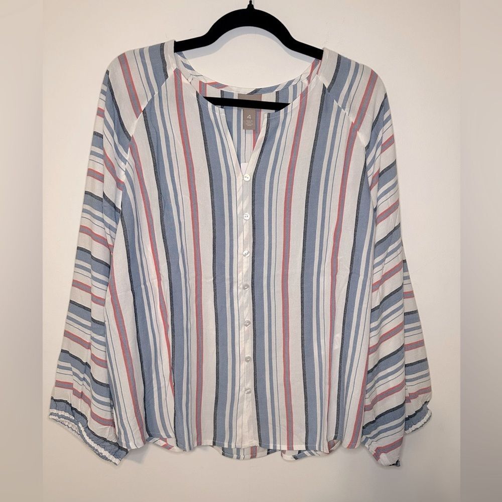 Chico's Stripe Reglan Sleeve Blouse Size 4 V Neck Button Down Long Sleeve Multi